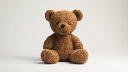 Obraz premium A cute, small brown teddy bear, perfectly posed against a plain white backdrop, symbolizing simplicity and the joy of childhood