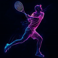 A neon-style illustration of a tennis player preparing to serve, showcasing athleticism and movement.