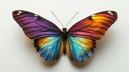 A delicate rainbow butterfly with vibrant wings, softly floating on a white background, its colors standing out vividly
