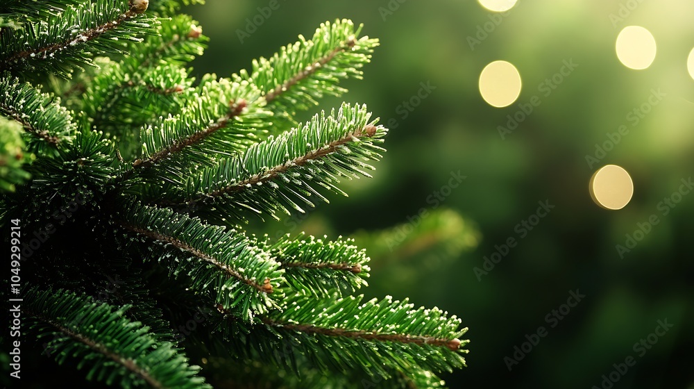 Aufkleber CloseUp of Evergreen Pine Tree Branches with Soft Bokeh Background in a Serene Natural Setting : Generative AI