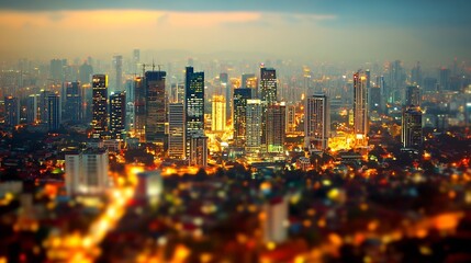 Obraz premium Dazzling City Skyline at Twilight with Illuminated Modern Skyscrapers : Generative AI