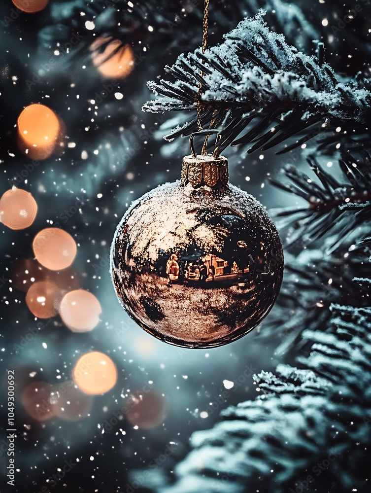 Aufkleber shimmering christmas bauble on snowy tree branch with soft background lights : generative ai