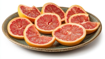 A detailed image of grapefruit slices arranged on a plate, highlighting their unique textures and colors against a clean white surface