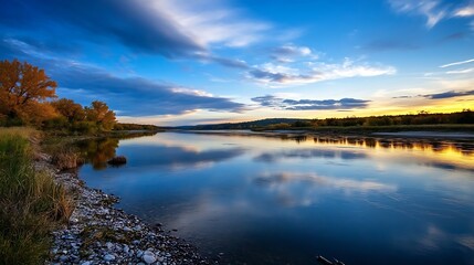Obraz premium Tranquil Riverside Landscape at Sunset with Reflective Waters and Lush Greenery : Generative AI