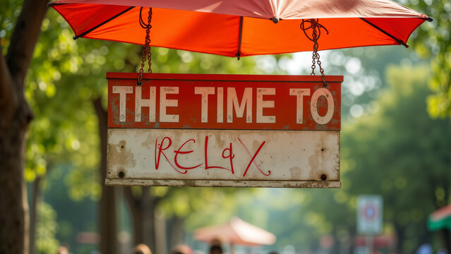 A Vibrant Sign Reminder To Relax Framed By A Colorful Canopy Inviting Peace And Tranquility