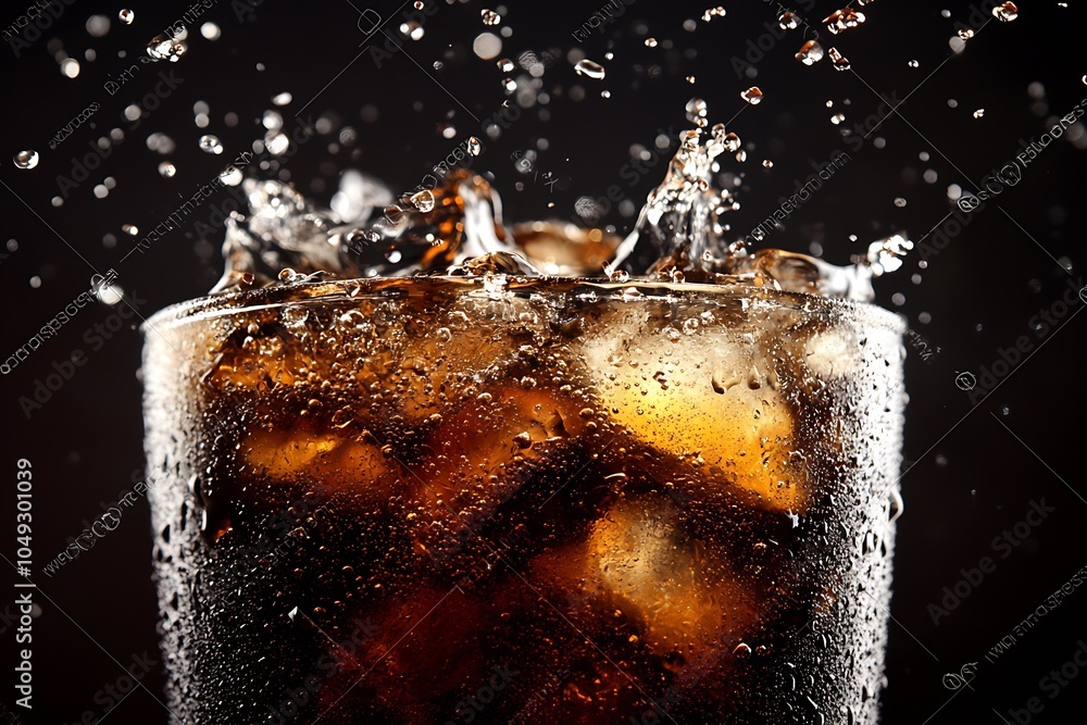 Poster refreshing cola with ice cubes fizzing and splashing in a chilled glass of soda : generative ai