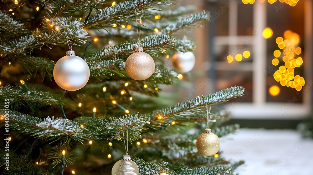 Aufkleber elegant snow covered christmas tree with glowing ornaments and warm bokeh in cozy setting : generati