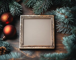 Rustic holiday mood with bronze frame surrounded by deep green Christmas branches and ornaments : Generative AI