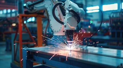 Industrial Robot Arm Welding Metal with Sparks