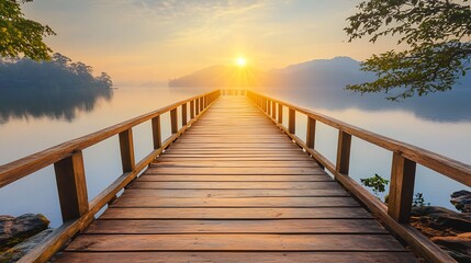 Obraz premium Sunrise Over Tranquil Lake with Wooden Pier Leading to Horizon : Generative AI