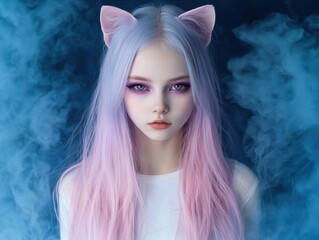 Fototapeta premium Mysterious anime-inspired portrait with pink hair and cat ears