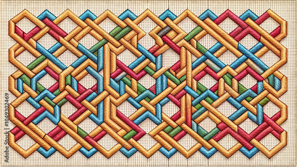 Poster a geometric pattern of interlocking shapes and lines created using stitching techniques, contemporar