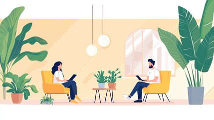 A cozy indoor scene with two people using tablets, surrounded by lush green plants and a comfortable atmosphere.