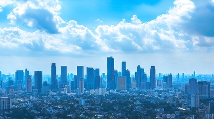 Fototapeta premium Bright Daytime Cityscape of Jakarta Indonesia with Vibrant Blue Sky and Puffy Clouds : Generative AI