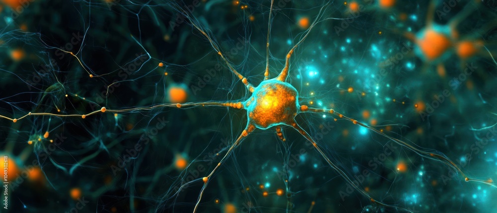 Poster a vibrant representation of a neuron with glowing connections in a neural network.