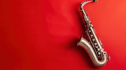 Naklejka premium Silver Saxophone on a Vibrant Red Background