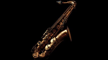 Fototapeta premium A Gold-toned Tenor Saxophone Against a Black Background