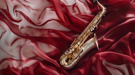 Obraz premium A Gold Saxophone Resting on Burgundy Silk Fabric