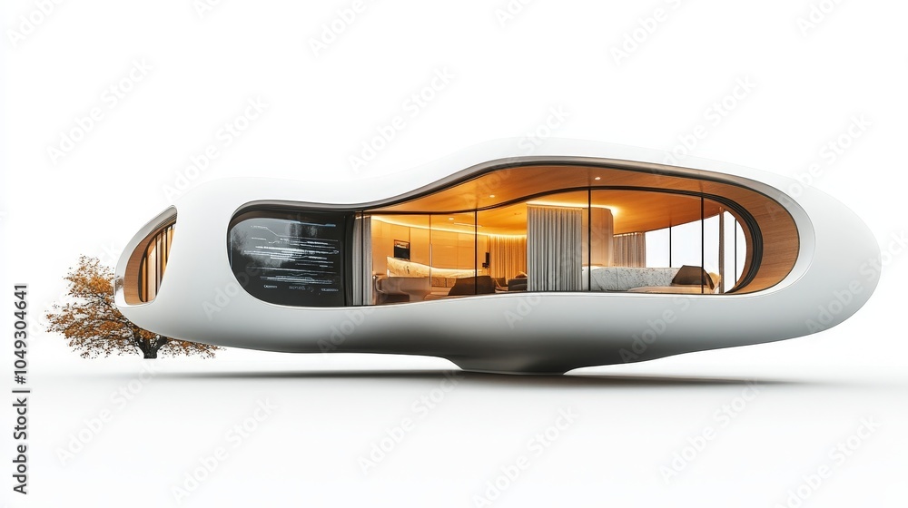 Poster a futuristic floating house with a smooth, curved structure and digital interfaces, standing against