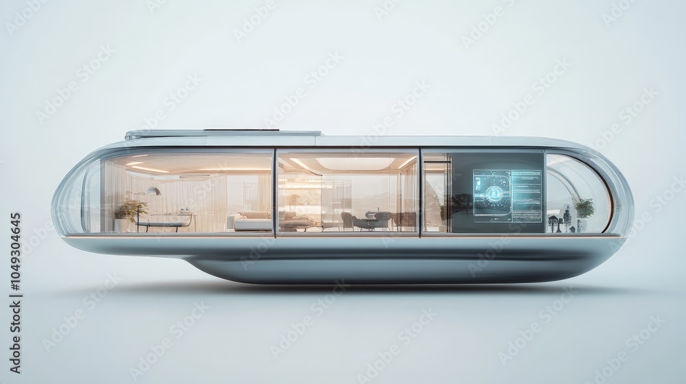 Poster a futuristic floating house with transparent walls and a smart home interface, set against a clean w