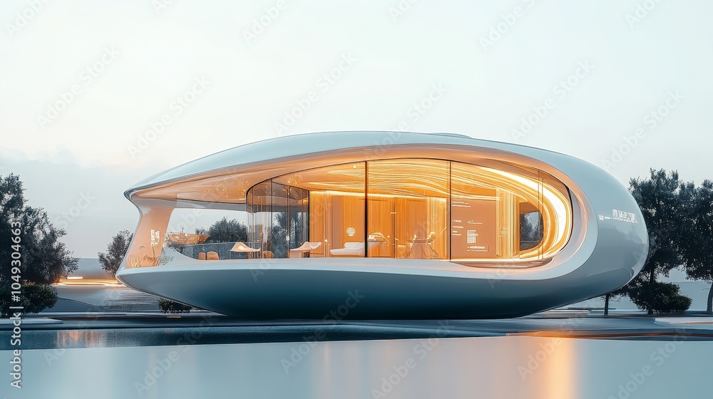 Poster a futuristic floating house with a smooth, curved structure and digital interfaces, standing against