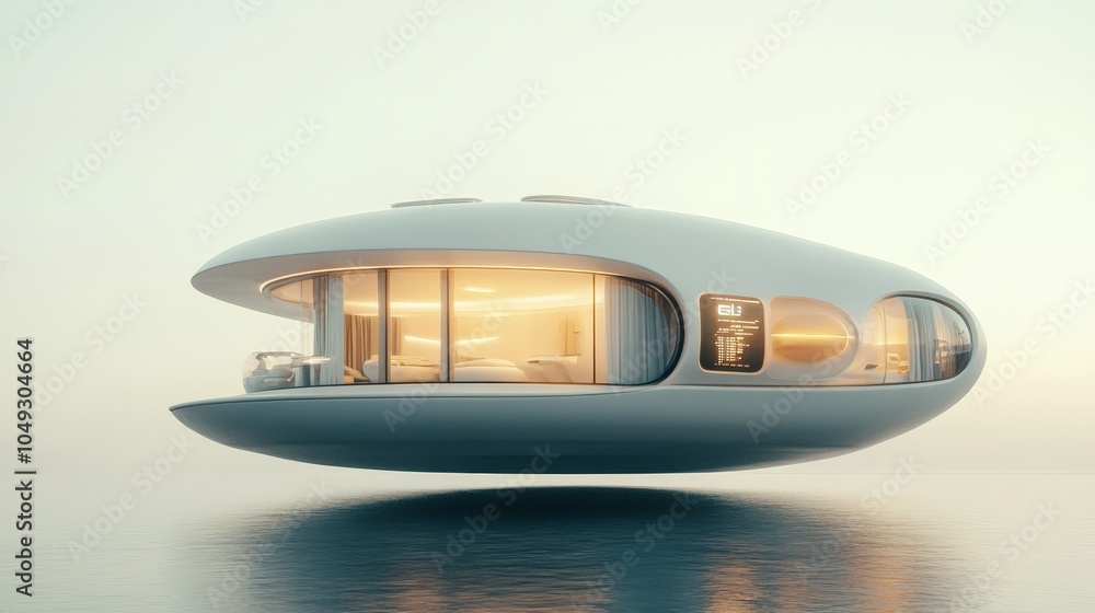 Poster a futuristic floating house with a smooth, curved structure and digital interfaces, standing against