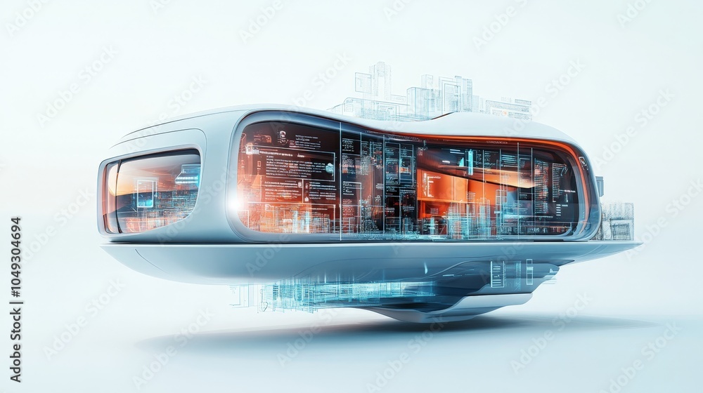 Poster a futuristic floating house with a smooth, curved structure and digital interfaces, standing against