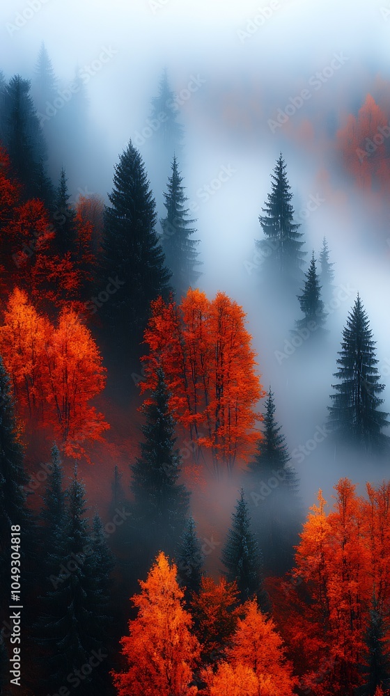 Poster enchanting autumn forest with thick fog and brightly colored trees in harmony : generative ai