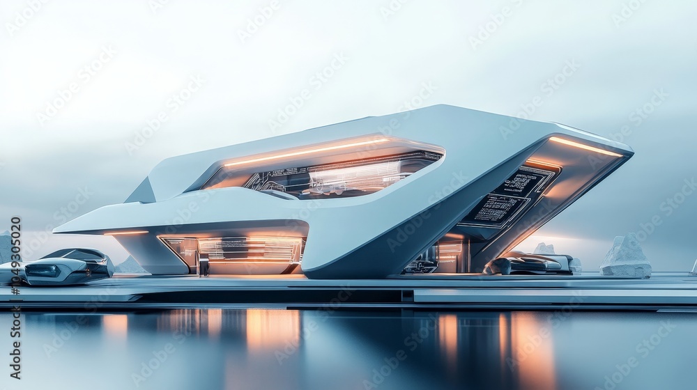Poster a futuristic home with sharp, angular design and glowing digital systems, resting against a clean wh