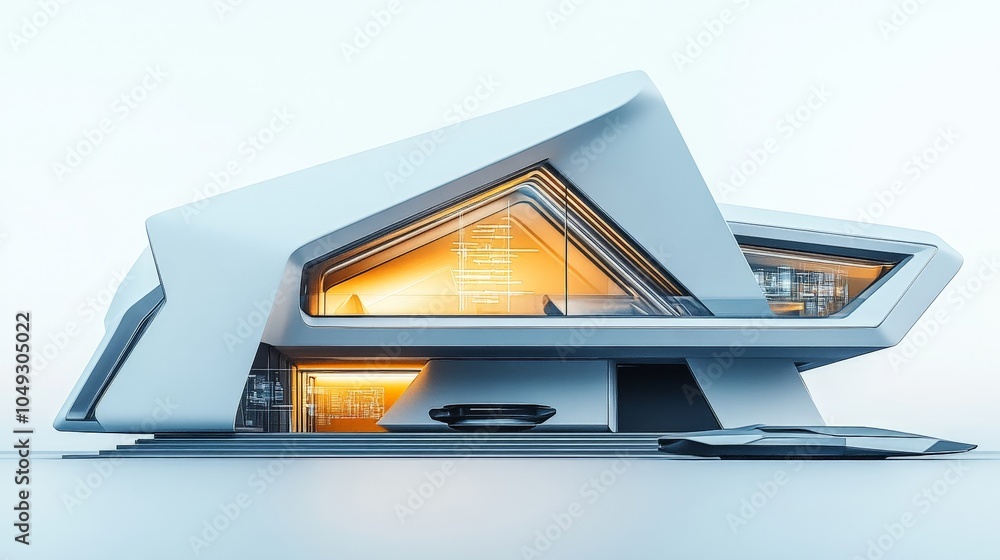 Poster a futuristic home with sharp, angular design and glowing digital systems, resting against a clean wh
