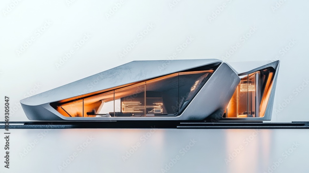 Poster a futuristic home with sharp, angular design and glowing digital systems, resting against a clean wh