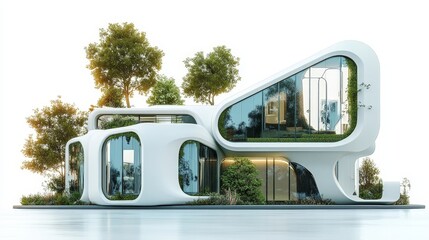 A futuristic house with automated features and eco-friendly materials, set against a white background, representing the next generation of smart homes