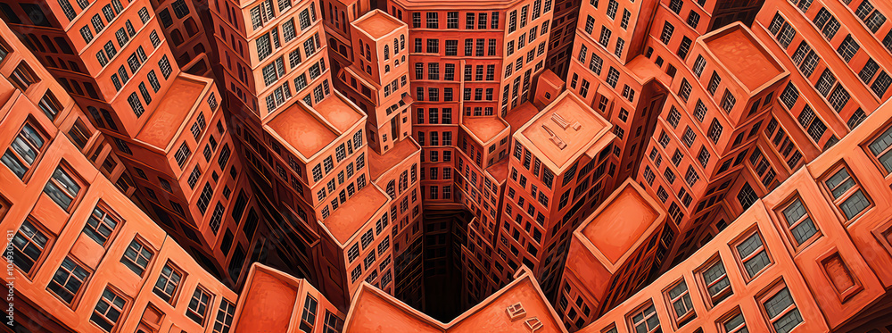 Poster abstract view of urban structures, showcasing modern architecture with intricate design and a unique