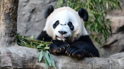 Obraz premium Cute giant panda resting on tree branch surrounded by lush greenery in serene wildlife sanctuary : Generative AI