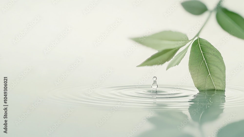 Poster a gentle water drop falling from a leaf, creating ripples in a calm surface, presented against a pri