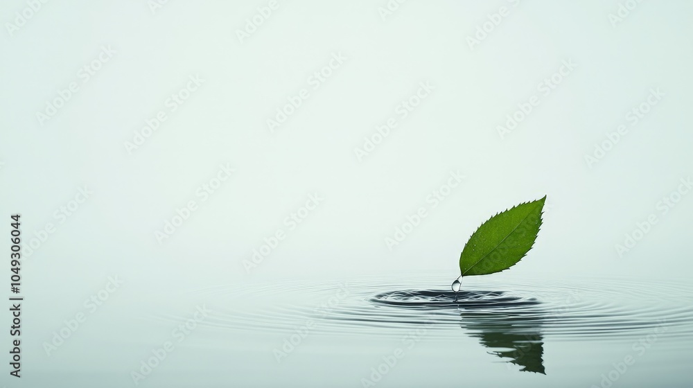Poster a gentle water drop falling from a leaf, creating ripples in a calm surface, presented against a pri