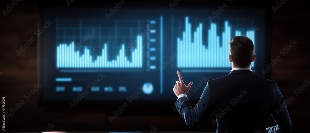 Poster businessman analyzing data on digital screens with bar graphs in a modern office environment.