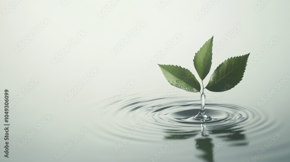 Poster a gentle water drop falling from a leaf, creating ripples in a calm surface, presented against a pri