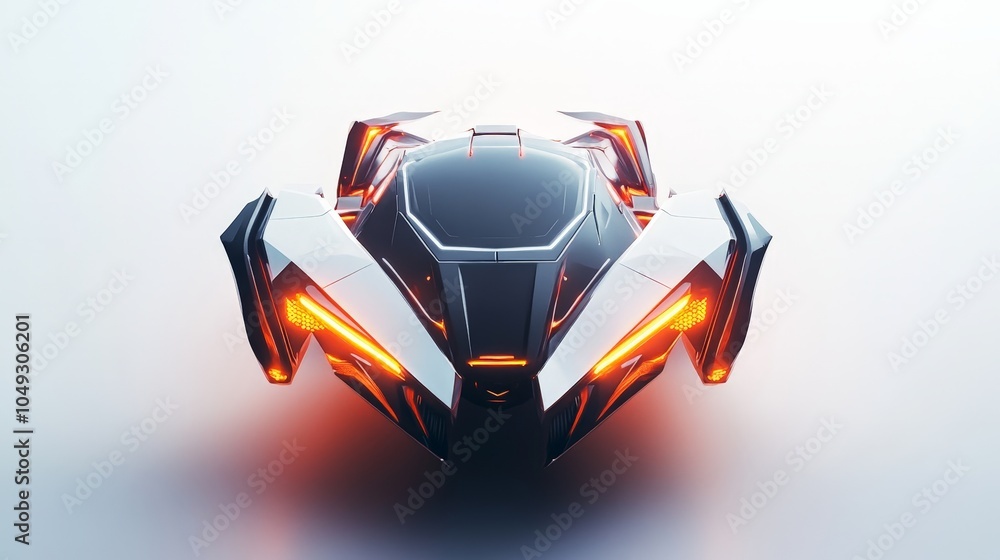 Poster a glowing, futuristic vehicle with sharp edges and an illuminated front grille, hovering against a b