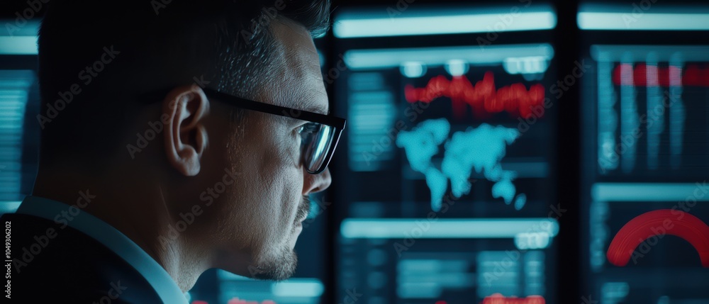 Aufkleber businessman analyzing data with graphs and screens in modern office setting.