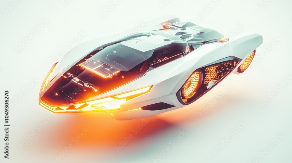 Poster a glowing, futuristic vehicle with sharp edges and an illuminated front grille, hovering against a b