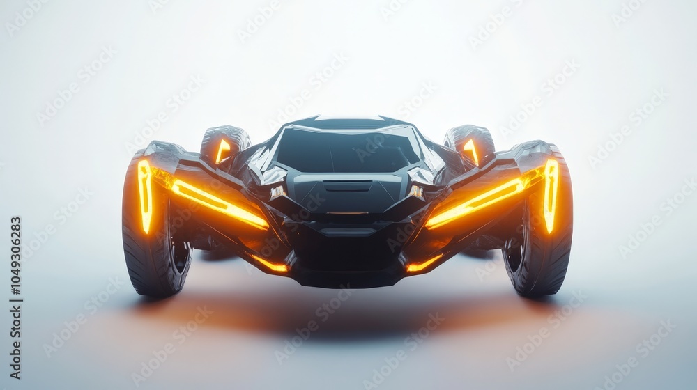 Poster a glowing, futuristic vehicle with sharp edges and an illuminated front grille, hovering against a b