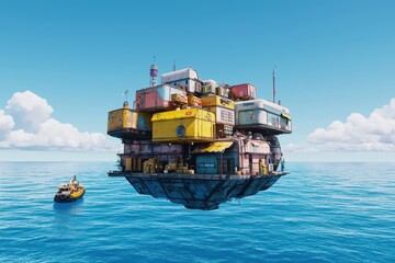 Obraz premium Colorful floating structure on ocean with boat, clear sky background.