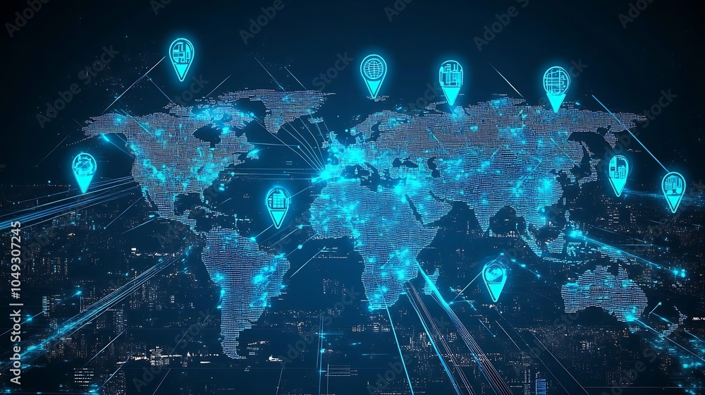 Leinwandbilder digital global connections map with glowing markers and navigation : generative ai