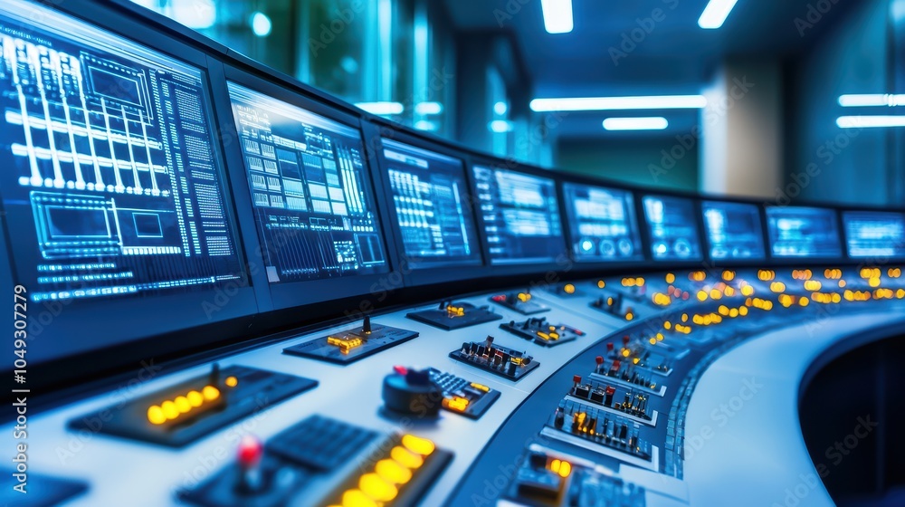 Poster control room with multiple screens, displaying data and analytics in a modern environment.
