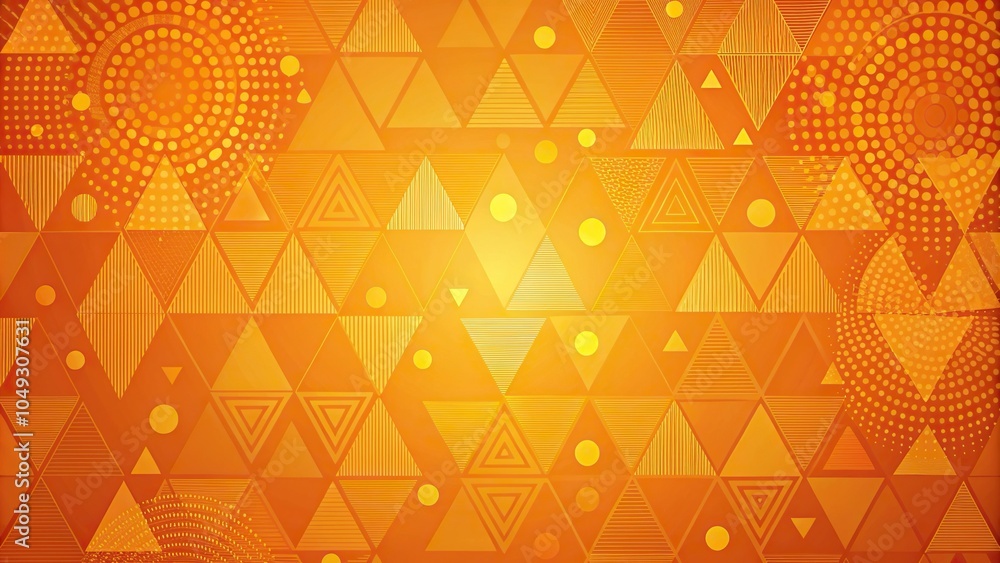 Poster a large orange background with a geometric pattern of triangles and circles in various sizes, wall d