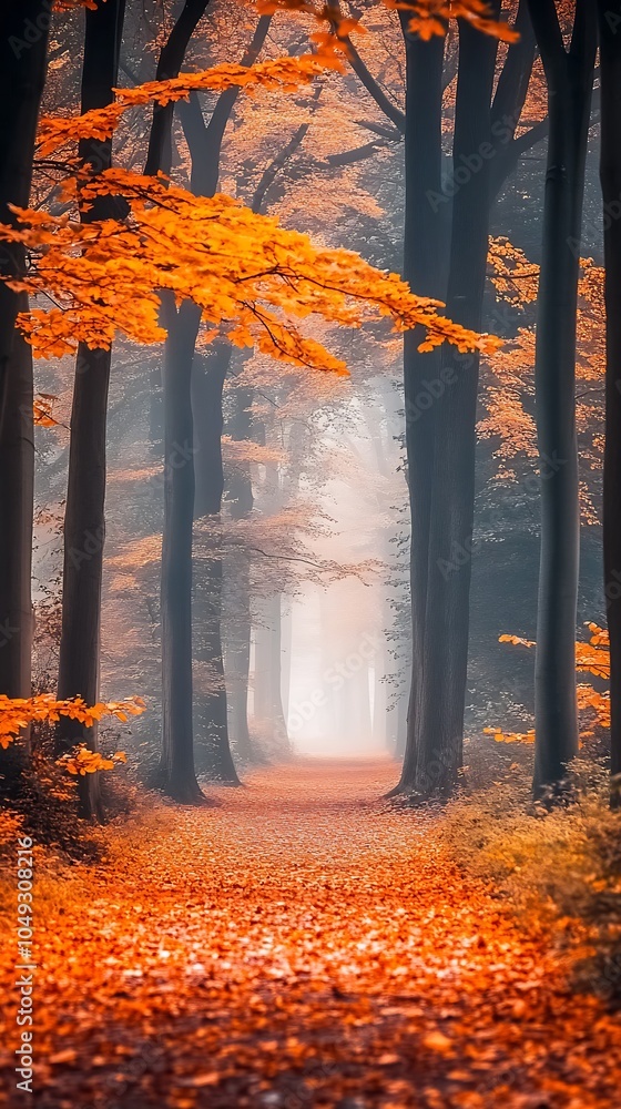 Poster enchanting autumn forest path with vibrant foliage and misty atmosphere : generative ai