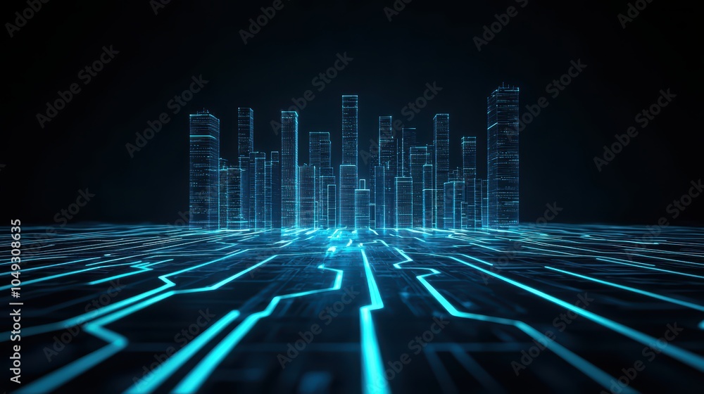 Poster futuristic cityscape with glowing circuit patterns on a dark background.