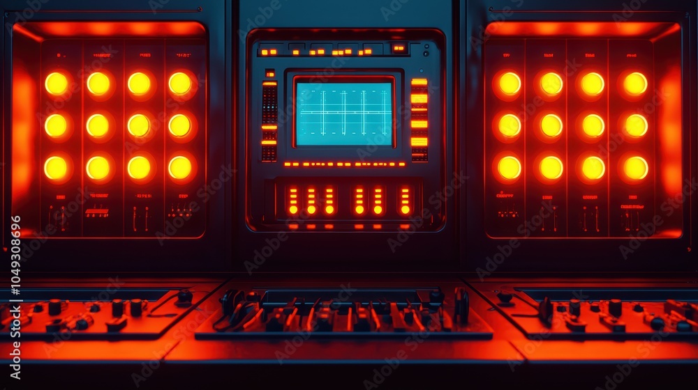 Poster futuristic control panel with glowing buttons and display, dark ambient setting.