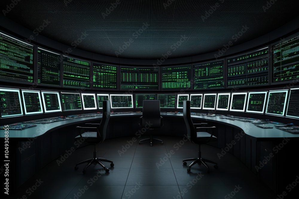 Poster futuristic control room with multiple screens displaying data and graphs, dark ambiance.